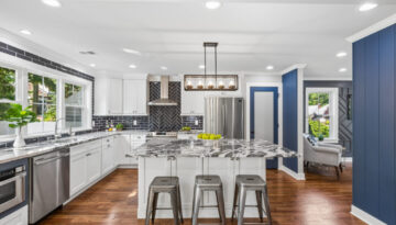 Bright modern kitchen with island, ideal for real estate photography for agents.