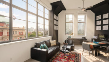 Loft living room with grid windows, black sofa, red rug; real estate photography checklist.