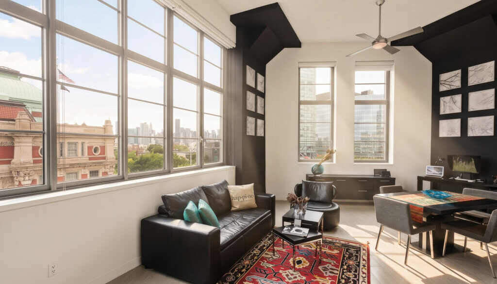 loft living room with extra high windows, view of Manhattan