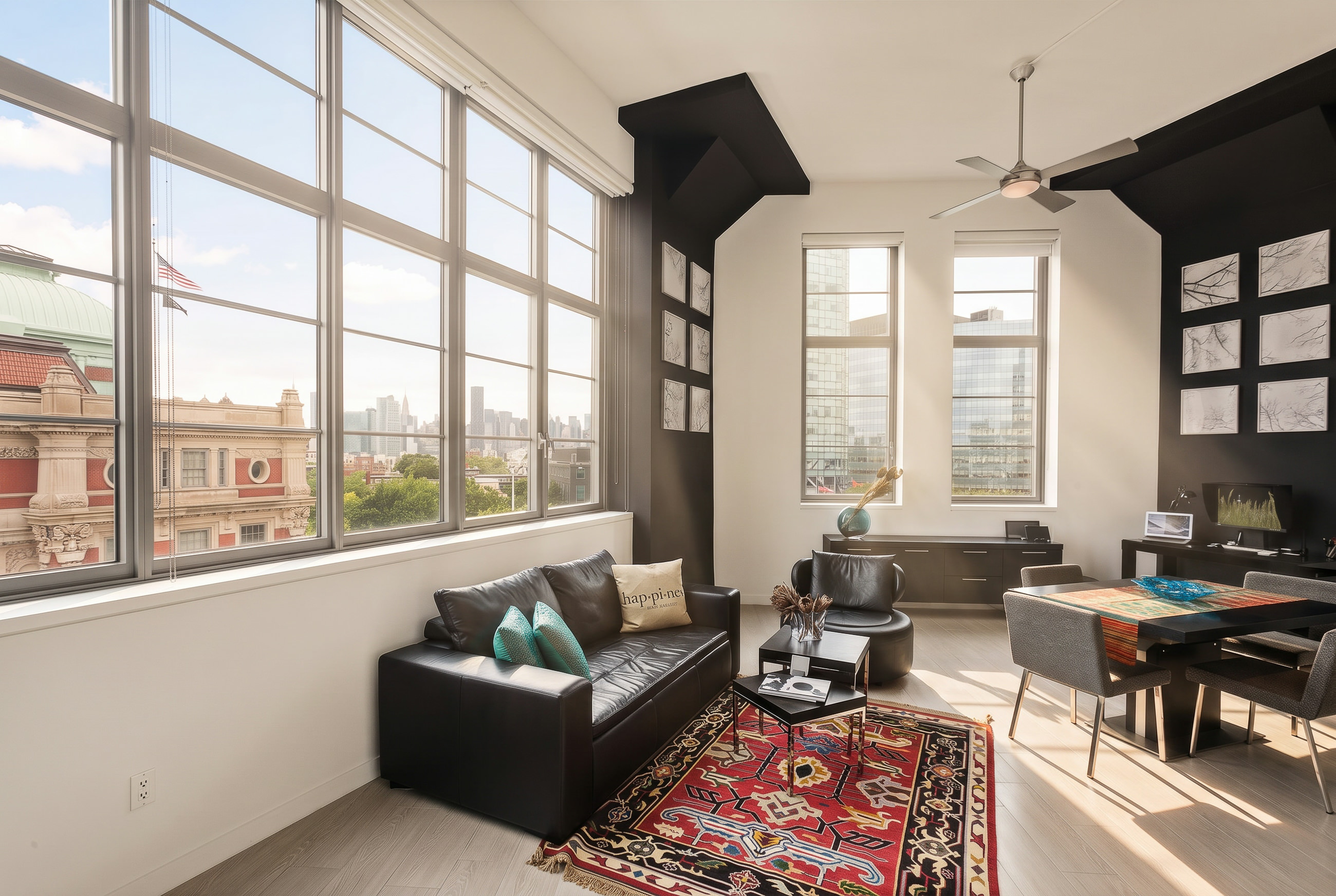 loft living room with extra high windows, view of Manhattan